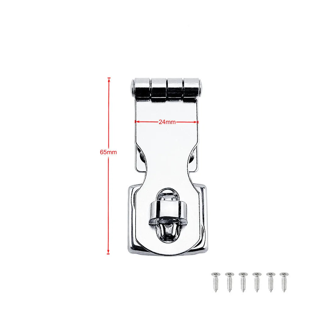 Silver stainless steel lock latch bolt with mirror finish for doors and cabinets.