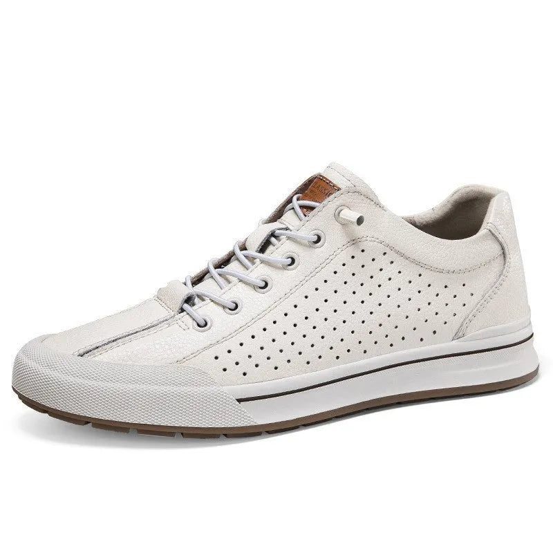 Men's white matte leather casual shoes with a round toe and 6cm flat heel, showing hollow-out detail on the upper.