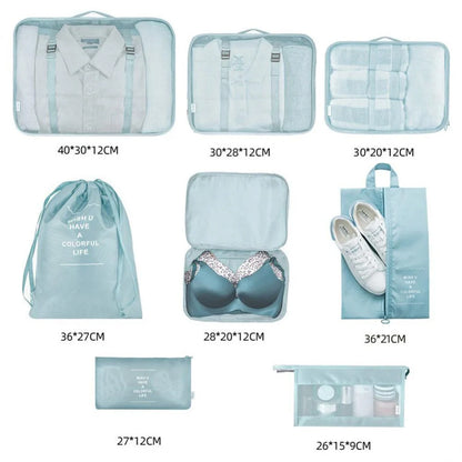 8-piece set of colorful travel packing cubes for organizing clothes and shoes