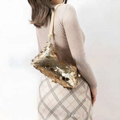 Women's polyester crossbody shoulder bag with sandwich pocket in black, gold or silver
