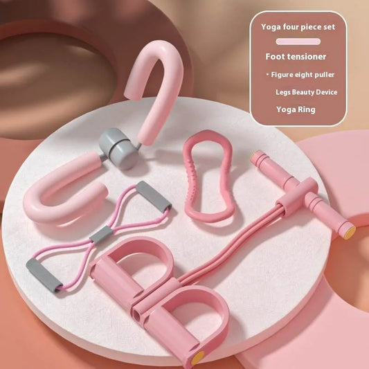 Yoga four piece set showing leg beauty device, yoga ring, pedal tension tool, and figure eight tension rope for fitness training