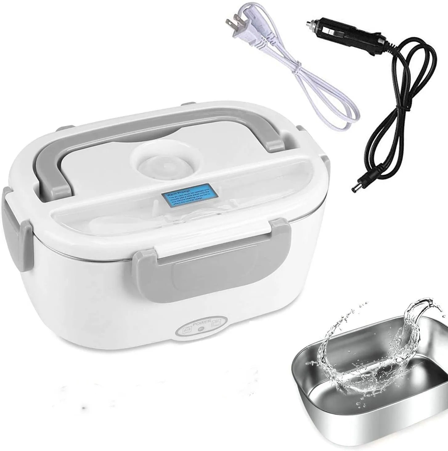 Grey dual-power electric heating lunch box showing 1.1-1.2 litre capacity with car and home plug options
