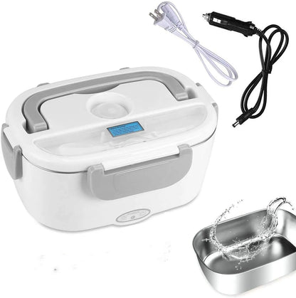 Grey dual-power electric heating lunch box showing 1.1-1.2 litre capacity with car and home plug options