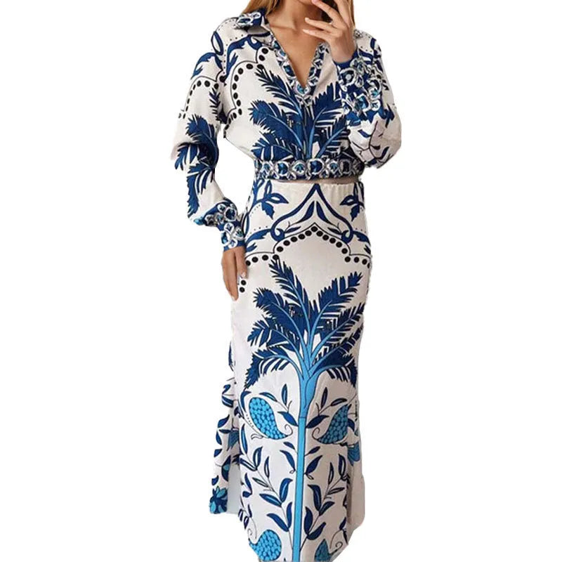 Flower pattern spring casual set with long sleeve top and matching skirt in polyester fabric