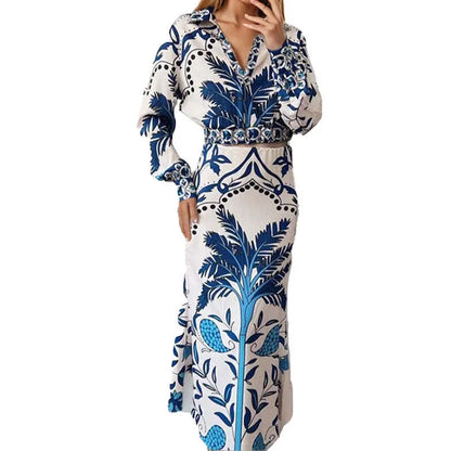 Flower pattern spring casual set with long sleeve top and matching skirt in polyester fabric