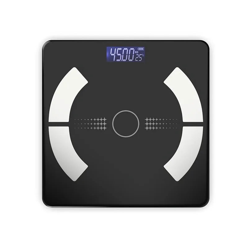 White smart Bluetooth body fat scale on bathroom floor, showing tempered glass platform and digital display.