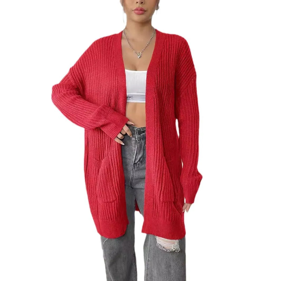 Women's dark green cardigan with two front pockets, 65cm length, loose fit design with long sleeves