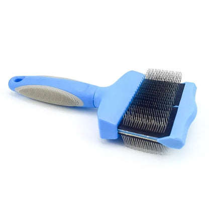 A blue double-sided pet grooming brush with stainless steel pins and a non-slip handle.