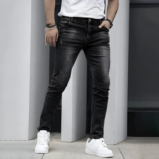 Men's black stretch jeans with straight leg skinny fit showing zipper fly and mid-rise waist