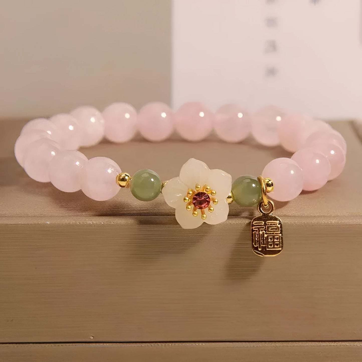 Crystal bracelet with Hetian jade beads and peach blossom charms in pastoral national style for women