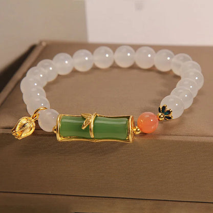 White agate and jade bamboo beaded bracelet for women with Chinese retro style.
