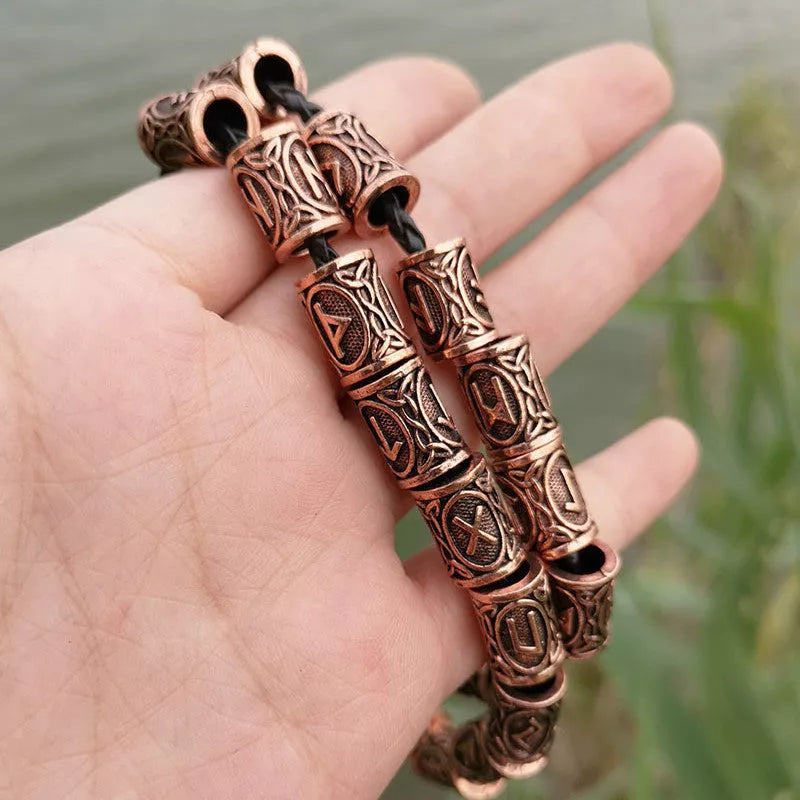 Set of 24 Viking Rune Beard Beads in antique silver, bronze, and red brass
