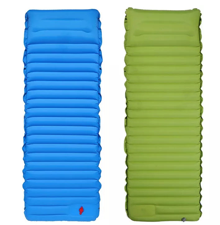 Portable inflatable bed mat for camping and picnics in blue with green