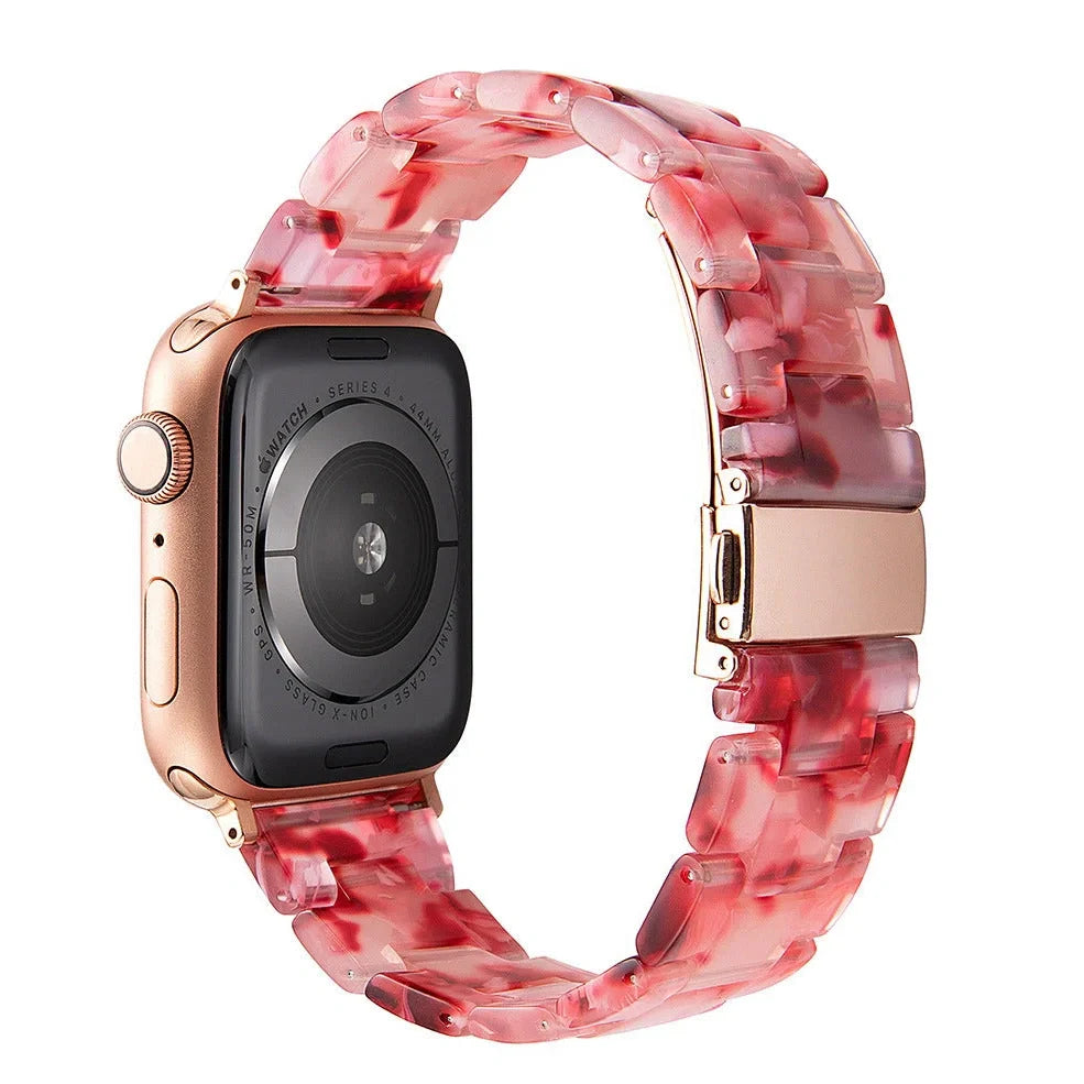 Slim resin Apple Watch strap showing attachment mechanism and colour options