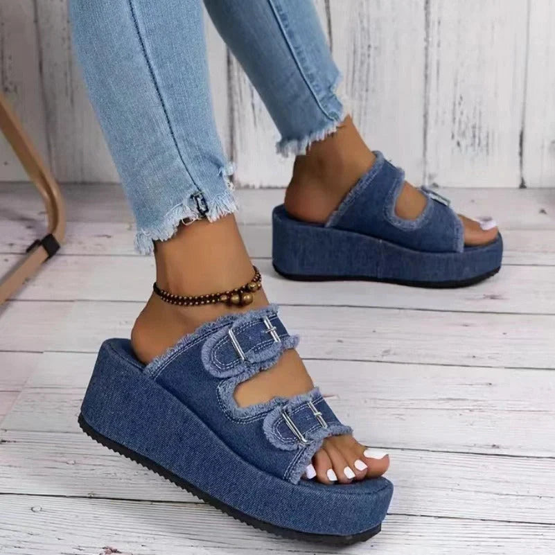 Women's denim buckle wedge sandals with thick foam sole in multiple colors