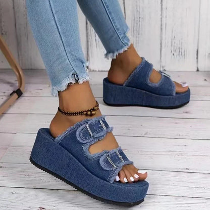 Women's denim buckle wedge sandals with thick foam sole in multiple colors