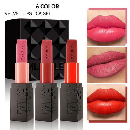 MLSMILE embossed lipstick three-piece set in open box showing three lipsticks.