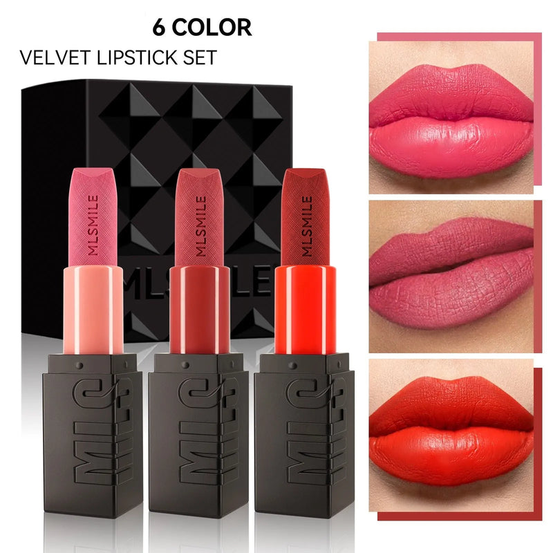 Lipstick three-piece set with embossed design, long-lasting moisturising formula and colour improvement properties, includes three 3.6g lipsticks in a choice of colour suit sets (A Suit or B Suit) in a 7.7cm x 6.8cm x 2.4cm package.