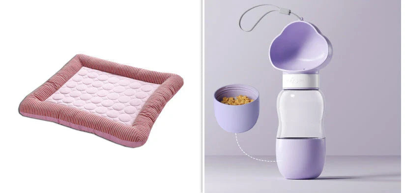 A plush, breathable cooling pet bed in blue and red colors, designed to keep dogs and cats comfortable in the summer heat.