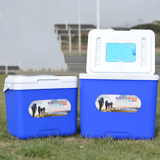Blue aluminium foil insulated portable cooler box with multiple capacity size options.