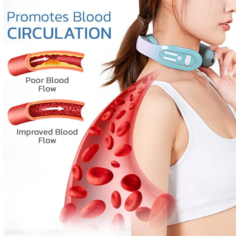 EMS Neck Massager with Heat in blue, showing ergonomic design and USB charging