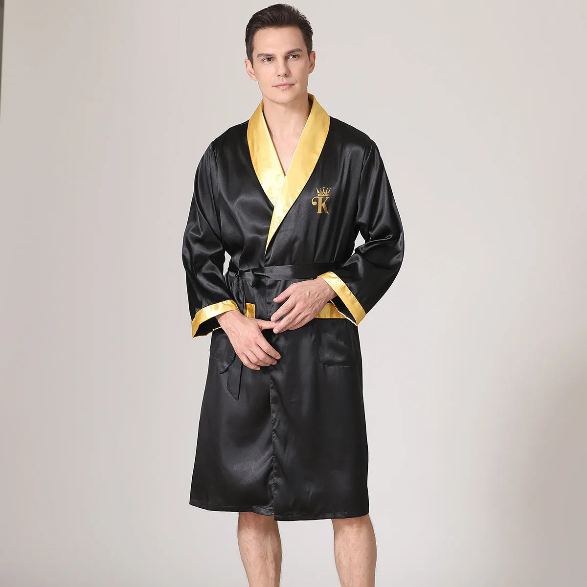 Men's silk bathrobe in summer colours including black with yellow collar and red crane design