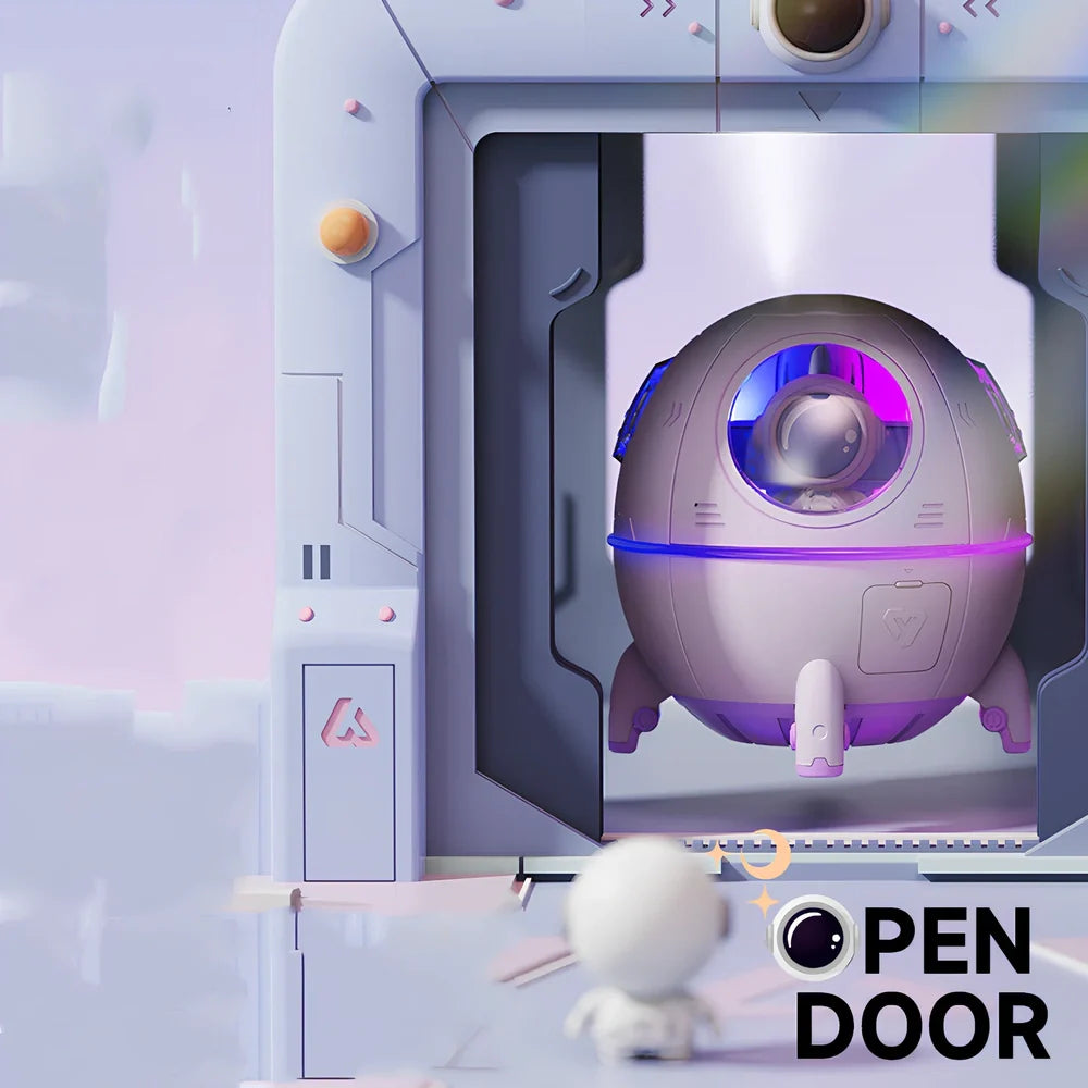 White astronaut-shaped USB humidifier with 110mm × 110mm × 119mm dimensions and USB cable