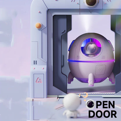 White astronaut-shaped USB humidifier with 110mm × 110mm × 119mm dimensions and USB cable