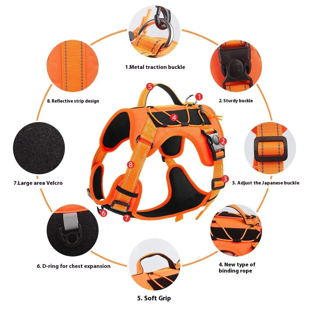 Orange reflective dog harness with attached black hand-holding rope leash shown on a medium-sized dog.