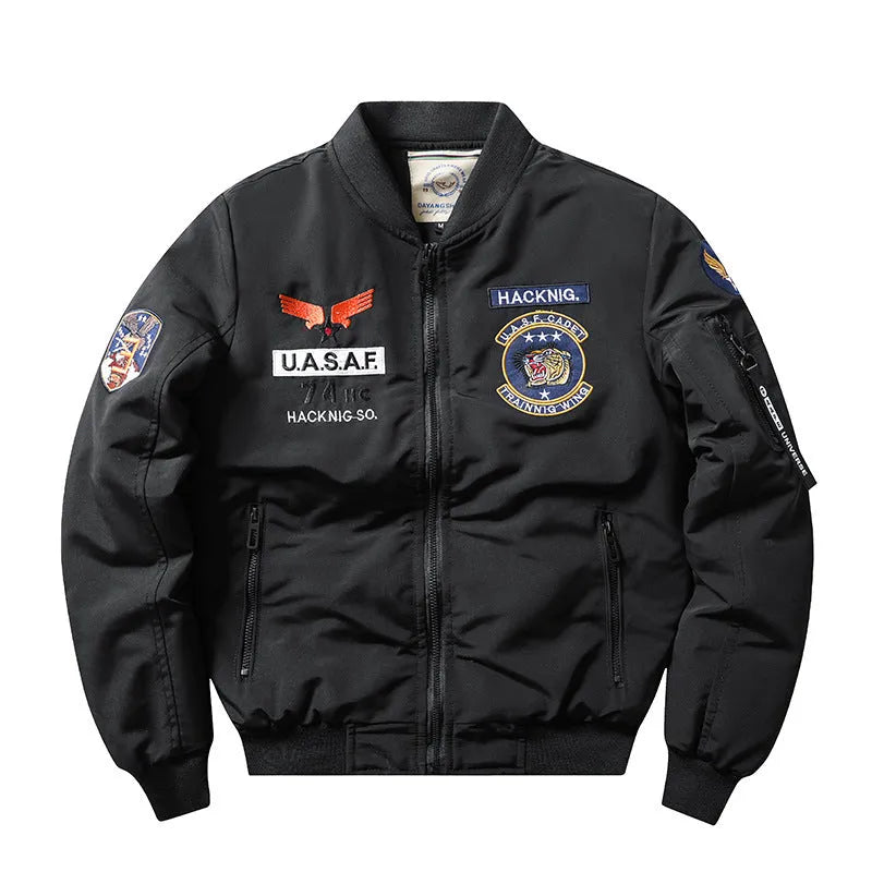 Men's retro embroidery cotton-padded coat with stand collar and patch pockets in blue colour
