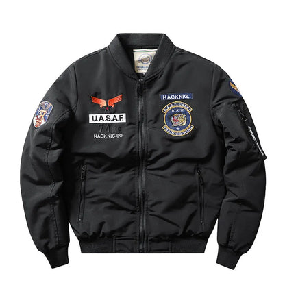 Men's retro embroidery cotton-padded coat with stand collar and patch pockets in blue colour