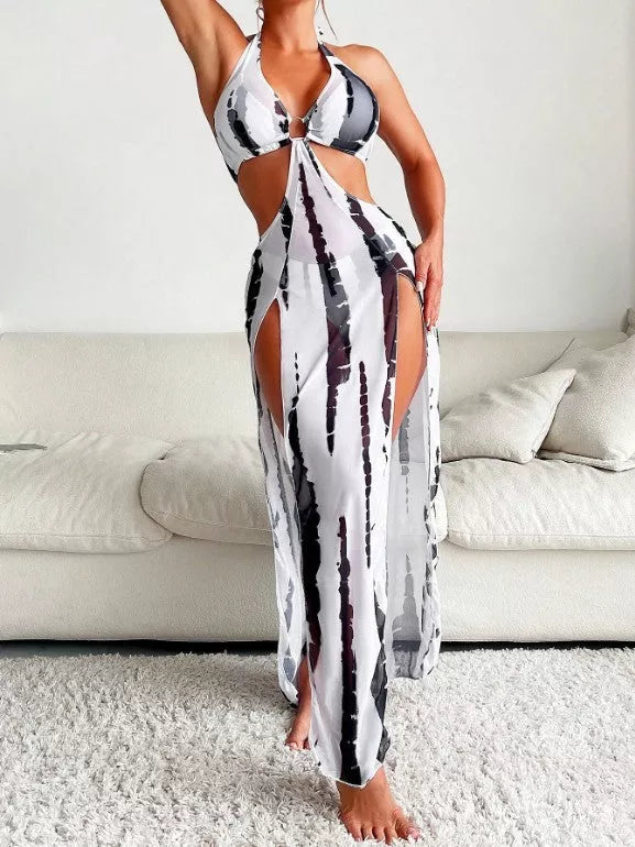 Women's three-piece bikini set in black and white with quick-dry fabric