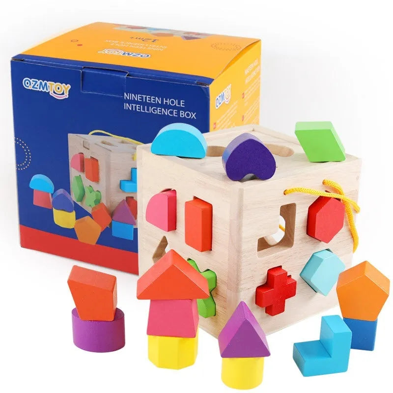 Wooden geometric shape matching building blocks with intelligence boxes for infants educational toy