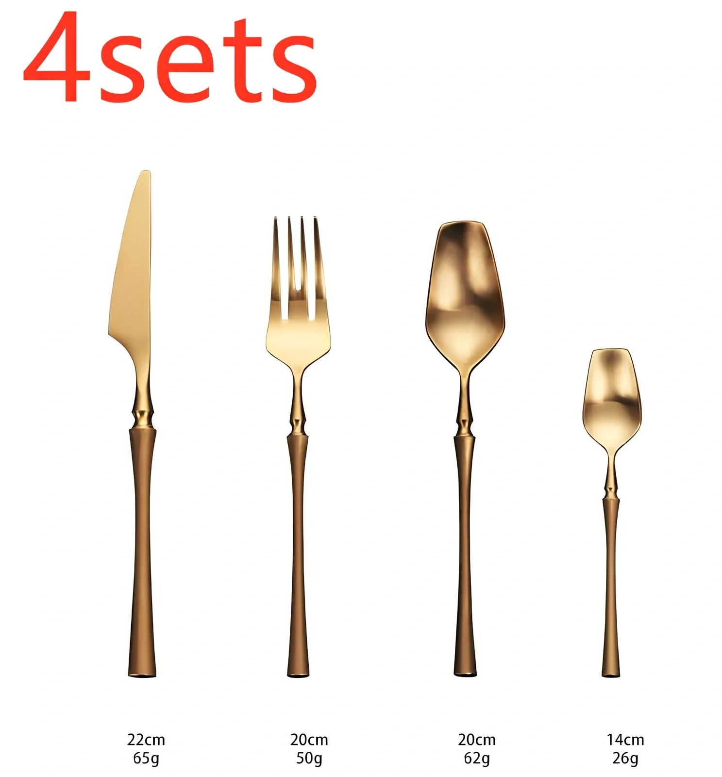 Four-piece stainless steel cutlery set showing main knife, fork, spoon, and teaspoon with mirror finish