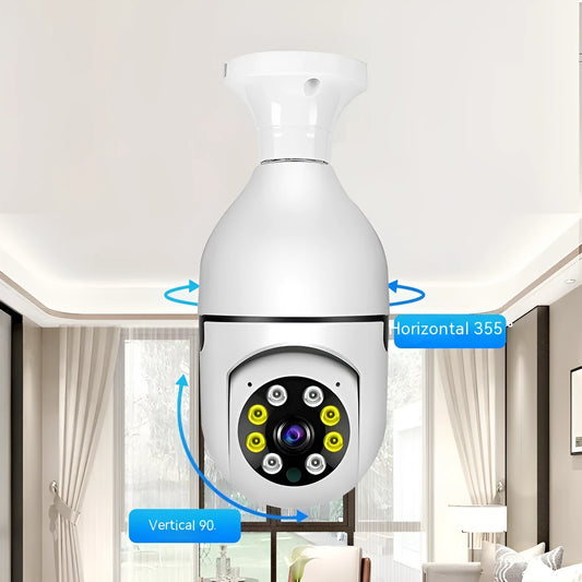 Wireless wifi bulb security camera with 1080p and full colour night vision, showing compact 5cm by 12cm plastic and metal unit.