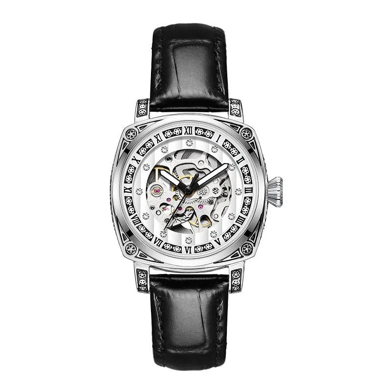 Mechanical watch with luminous hands on leather belt, stainless steel case, showing black colour option