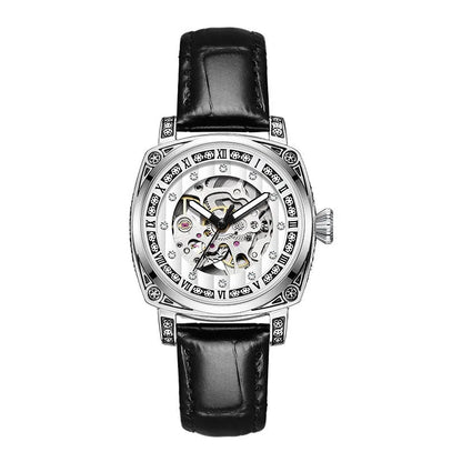 Mechanical watch with luminous hands on leather belt, stainless steel case, showing black colour option