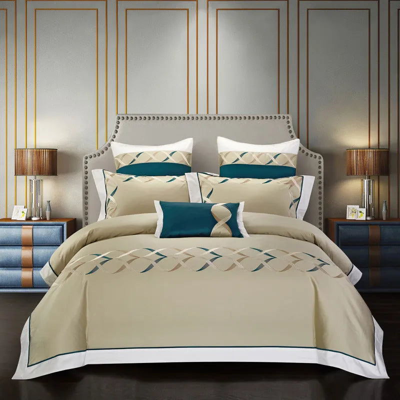 Four-piece cotton embroidery bedding set in satin weave with decorative patterns