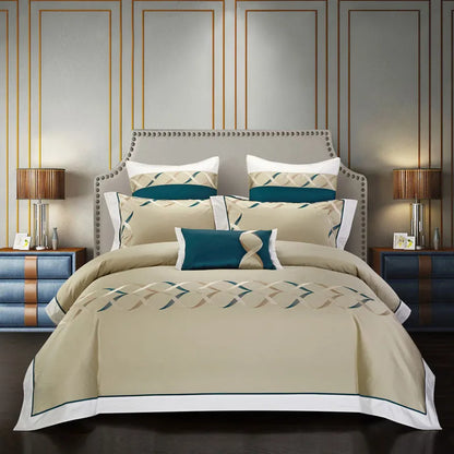 Four-piece cotton embroidery bedding set in satin weave with decorative patterns