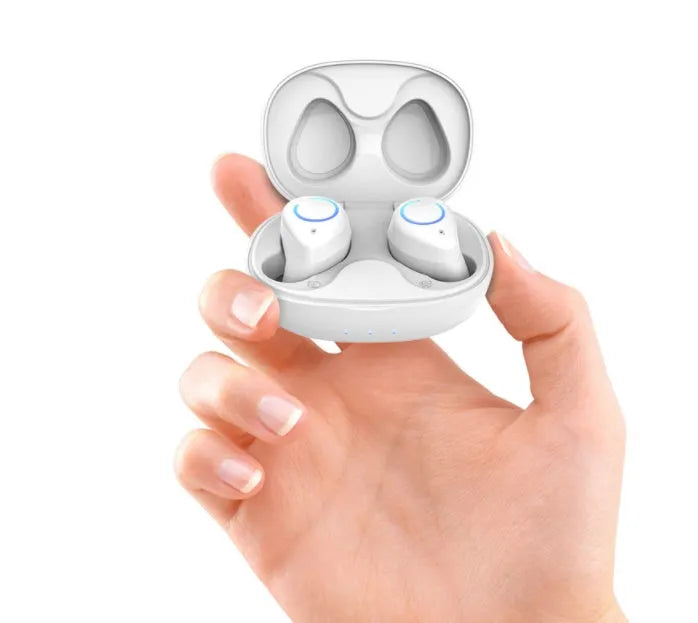 Black and white M18 true wireless in-ear Bluetooth earbuds with charging case.