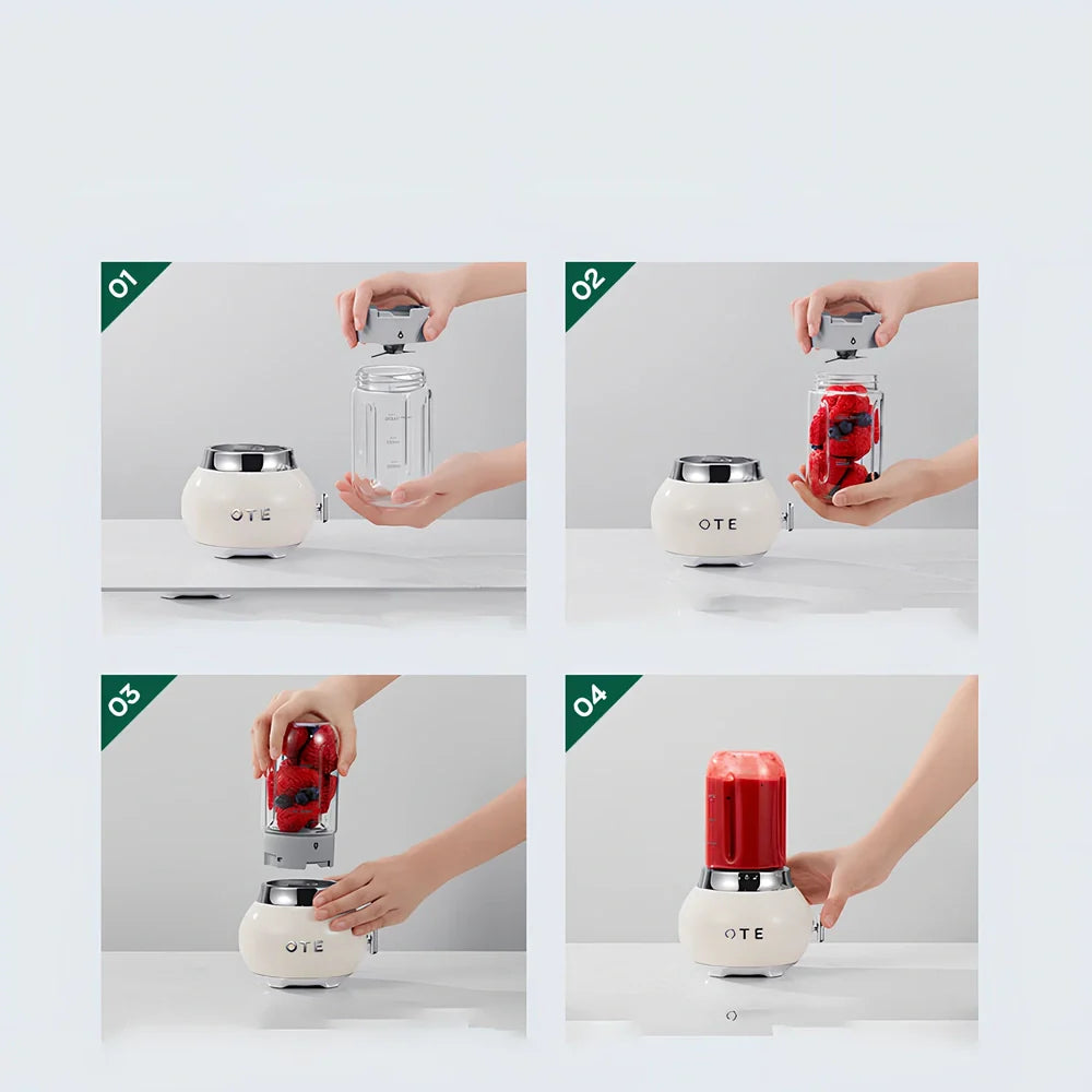 Small portable fruit juicer in blue with 400mL capacity cup and charging cable