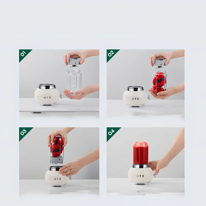 Small portable fruit juicer in blue with 400mL capacity cup and charging cable