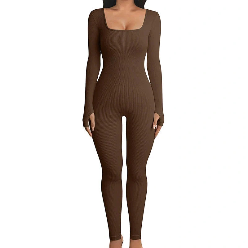 Sculpting shapewear jumpsuit in black, white, and coffee colors with slimming design and tummy control features