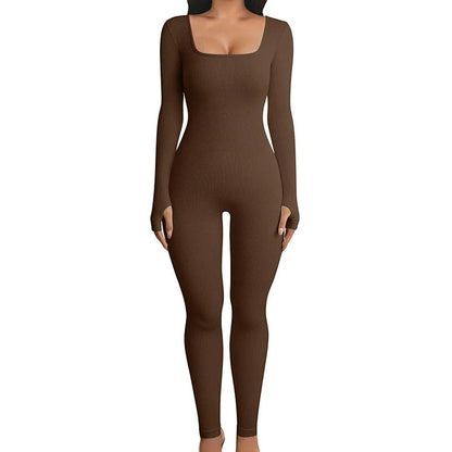Sculpting shapewear jumpsuit in black, white, and coffee colors with slimming design and tummy control features