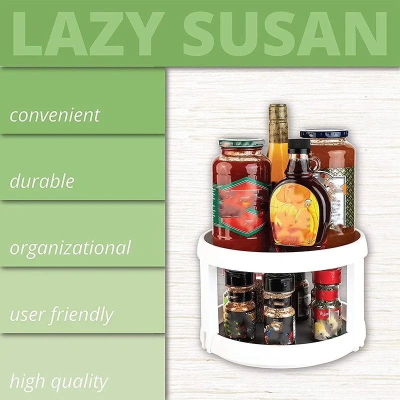 Two-tier kitchen turntable organizer with non-skid surface and rimmed edges
