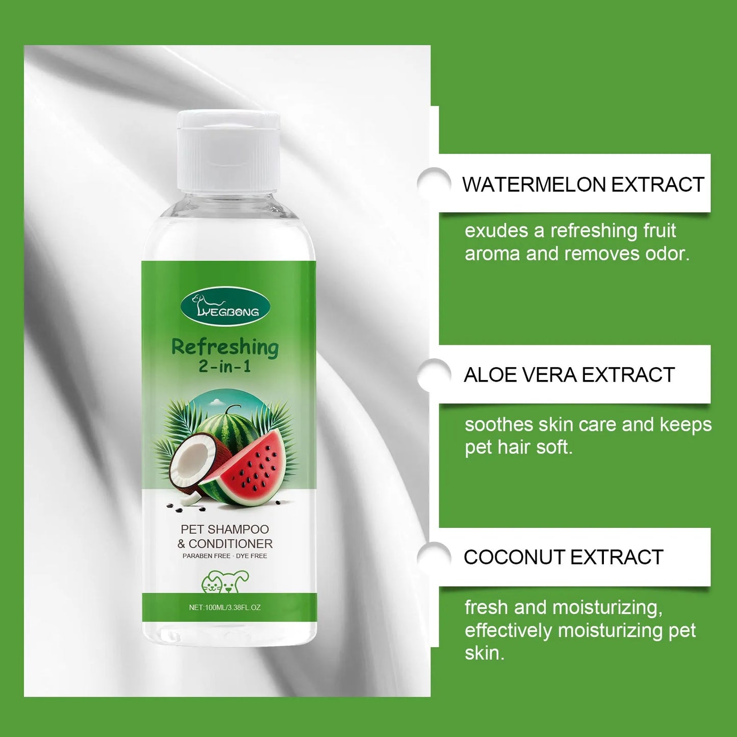 100ml pet shampoo bottle measuring 3.8cm by 12.8cm with 2-in-1 formula containing watermelon and coconut extracts