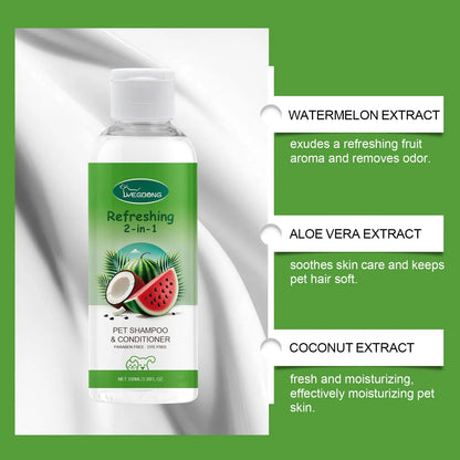 100ml pet shampoo bottle measuring 3.8cm by 12.8cm with 2-in-1 formula containing watermelon and coconut extracts
