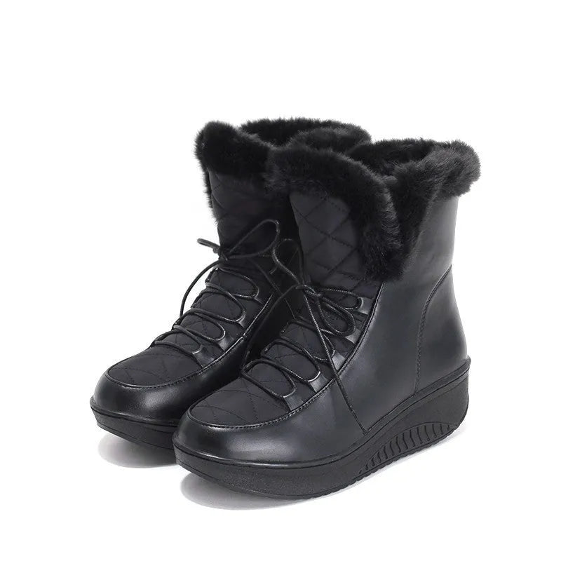 Women's winter boots in black with 3cm platform, water-resistant PU leather, and plush lining