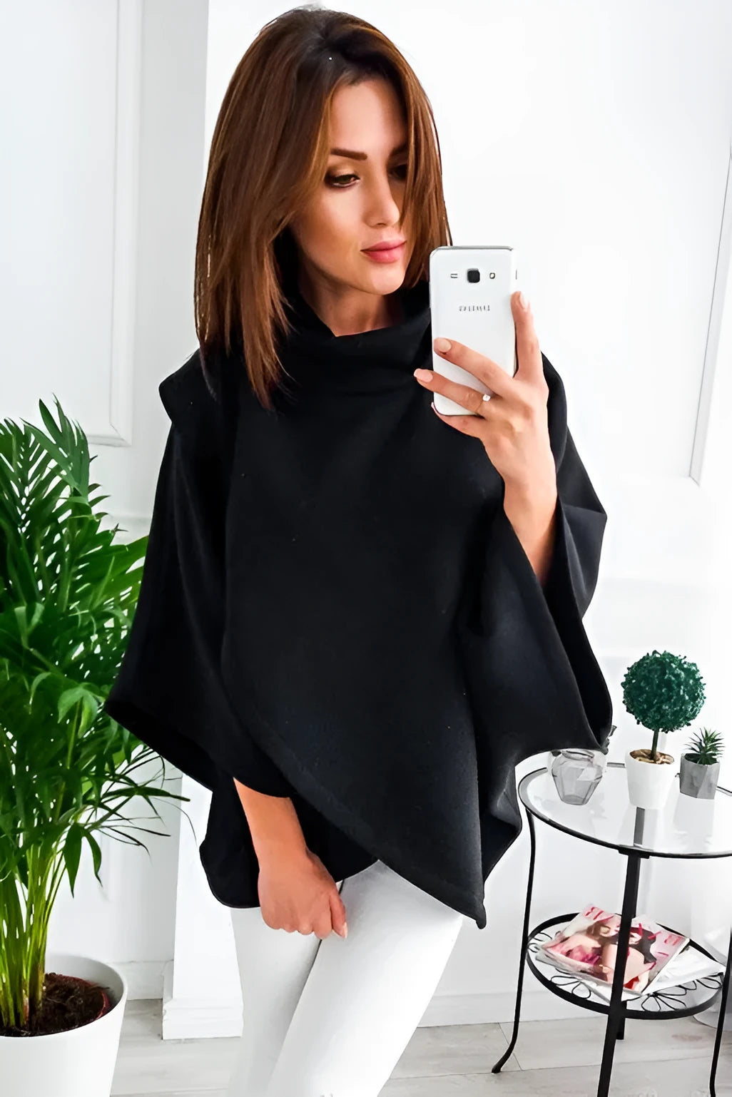 Women's black batwing sleeve cardigan sweatshirt with three-button placket and stitching detail
