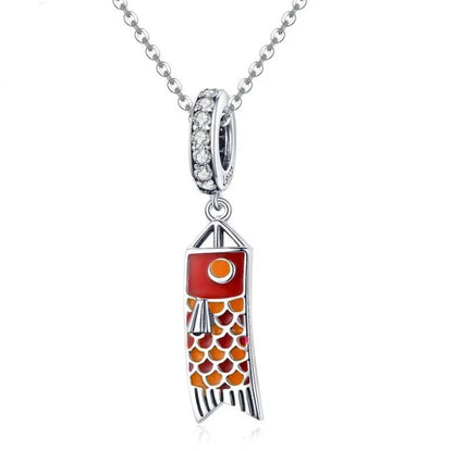 S925 sterling silver carp streamer pendant with zircon accents measuring 28mm tall